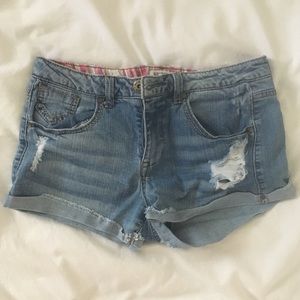Distressed denim shorts